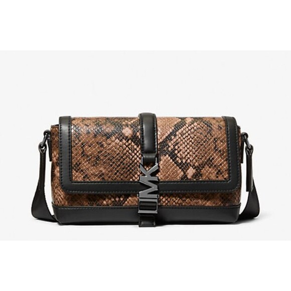MICHAEL KORS Cyrus Small Brown Snake Embossed Flap Crossbody Bag Gunmetal NWT - Picture 1 of 4